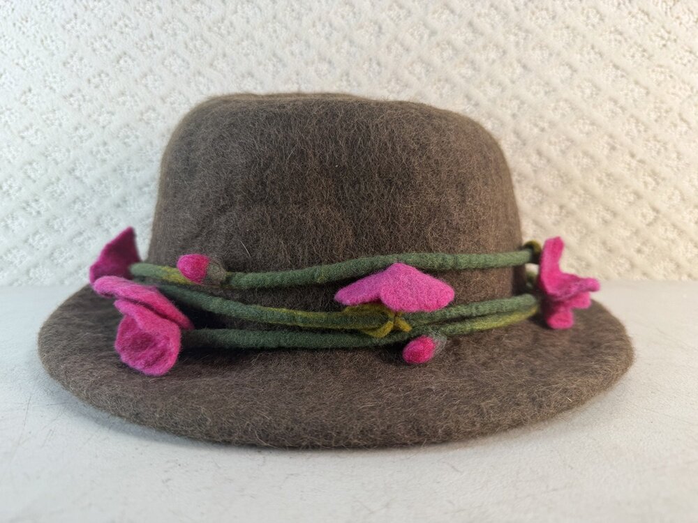 Handmade Boiled Felt Cloche Hat Brown Pink Floral Vine Brim Bowler Womens